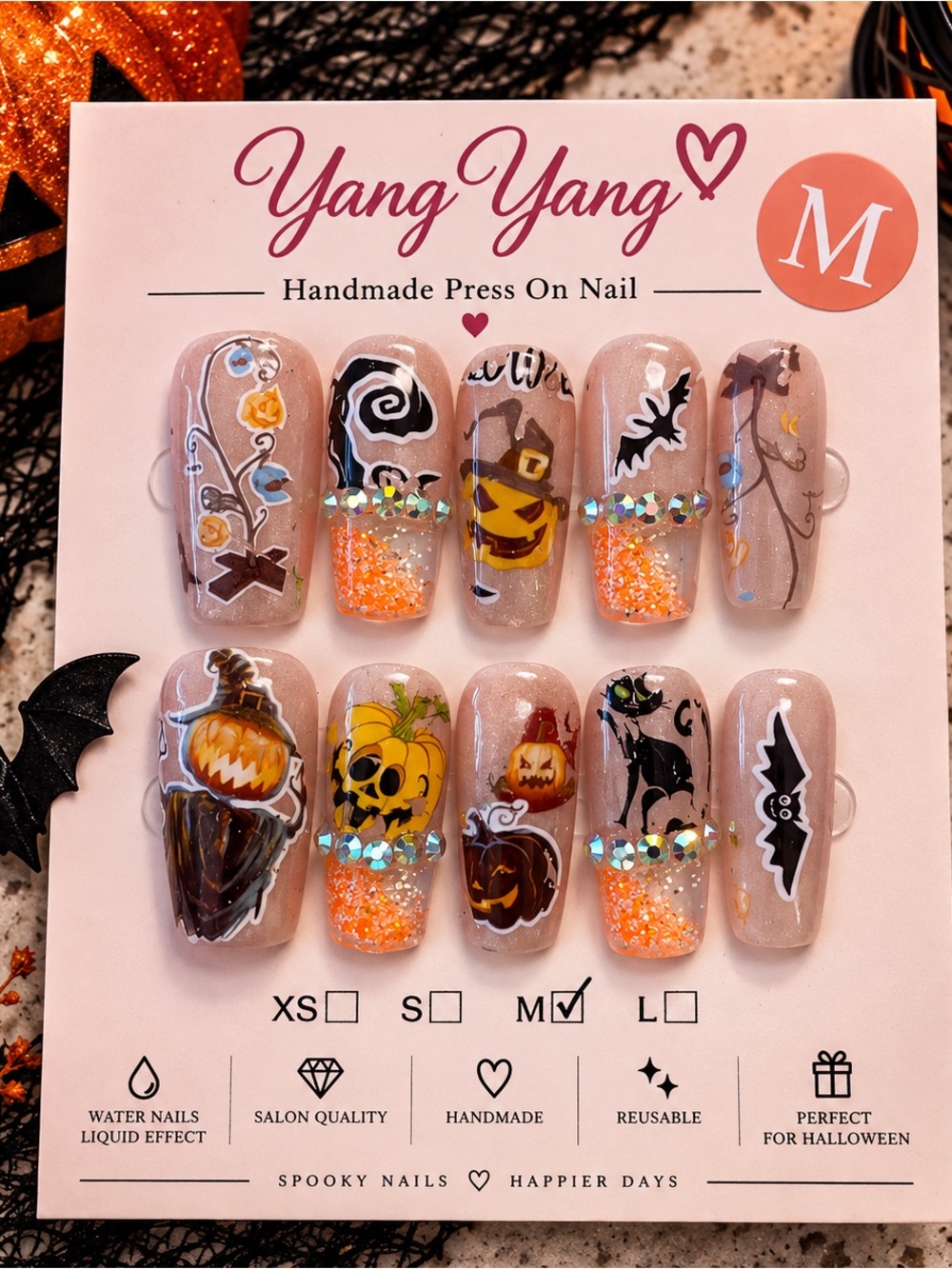 💦 🎃🧡 Halloween Water Effect Press-On Nails – Size Medium